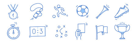 Soccer doodle icon. Football goal, award cup, whistle hand drawn line doodle sketch style equipment icon. Vector illustrationのイラスト素材