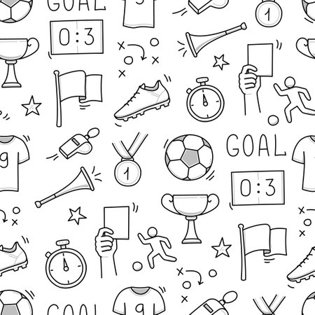 Soccer doodle seamless pattern. Football goal, award cup, whistle hand drawn line doodle sketch style equipment icon. Vector illustrationのイラスト素材