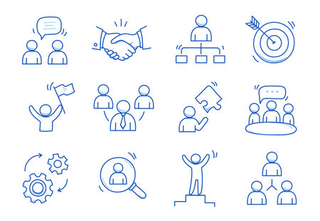 Doodle business team icon set. Doodle teamwork people community, office man group work concept. Target, gear, handshake element. Hand drawn sketch style vector illustrationのイラスト素材