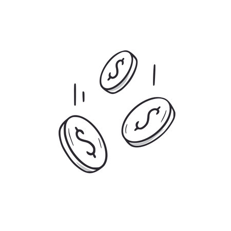 Money coin dropping doodle. Dollar coin falling hand drawn sketch style icon. Finance success doodle drawn concept. Vector illustration.のイラスト素材