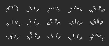 Doodle shine sunburst sparkle ray elements on chalkboard background. Hand drawn pop surprise line frame for title headline illustration. Doodle vector illustrationのイラスト素材