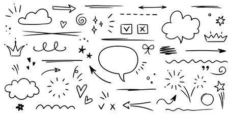 Sketch underline, emphasis, arrow shape set. Hand drawn brush stroke, highlight, speech bubble, underline, sparkle element. Vector illustrationのイラスト素材