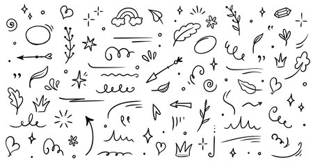 Sketch element line set. Abstract nature element decoration graphic icon set. Sketch hand drawn line element for brush, abstract decoration design. Vector illustrationのイラスト素材