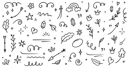 Sketch element line set. Abstract nature element decoration graphic icon set. Sketch hand drawn line element for brush, abstract decoration design. Vector illustrationのイラスト素材