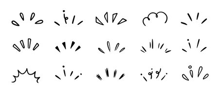 Doodle shine sunburst sparkle ray elements. Hand drawn pop surprise line frame for title headline illustration. Doodle vector illustrationのイラスト素材