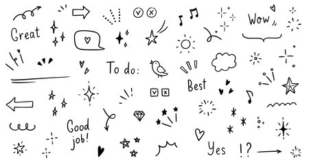Doodle cute glitter pen line elements. Doodle heart, arrow, star, sparkle decoration symbol set icon. Simple sketch line style emphasis, attention, pattern elements. Vector illustration.のイラスト素材