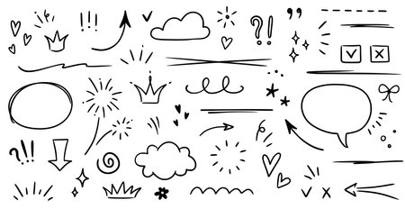 Sketch underline, emphasis, arrow shape set. Hand drawn brush stroke, highlight, speech bubble, underline, sparkle element. Vector illustrationのイラスト素材