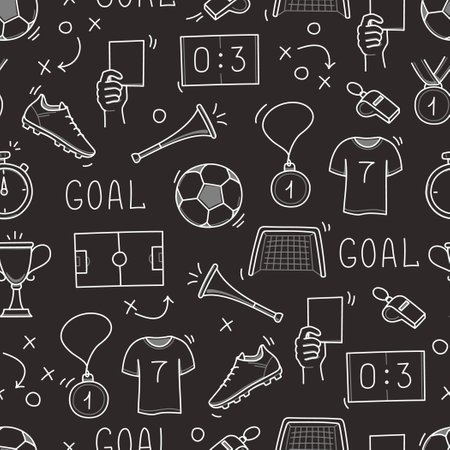 Soccer doodle seamless pattern. Football goal, award cup, whistle hand drawn line doodle sketch style equipment icon. Vector illustrationのイラスト素材