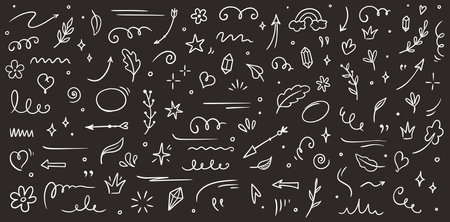 Sketch element line set on chalkboard. Abstract nature element decoration graphic icon set. Sketch hand drawn line element for brush, abstract decoration design. Vector illustrationのイラスト素材