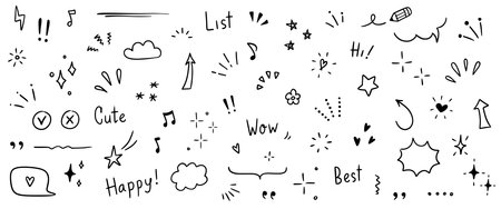 Doodle cute glitter pen line elements. Doodle heart, arrow, star, sparkle decoration symbol set icon. Simple sketch line style emphasis, attention, pattern elements. Vector illustration.のイラスト素材