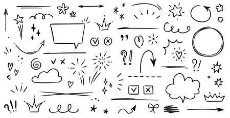 Sketch underline, emphasis, arrow shape set. Hand drawn brush stroke, highlight, speech bubble, underline, sparkle element. Vector illustrationのイラスト素材