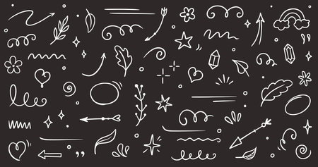 Sketch element line set on chalkboard. Abstract nature element decoration graphic icon set. Sketch hand drawn line element for brush, abstract decoration design. Vector illustrationのイラスト素材