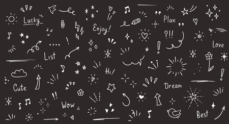 Doodle cute glitter pen line elements. Doodle heart, arrow, star, sparkle decoration symbol set icon. Simple sketch line style emphasis, attention, pattern elements. Vector illustration.のイラスト素材