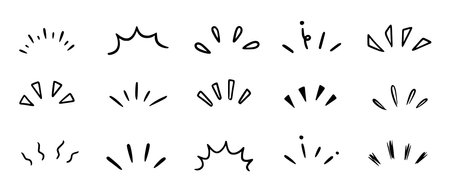 Doodle shine sunburst sparkle ray elements. Hand drawn pop surprise line frame for title headline illustration. Doodle vector illustrationのイラスト素材