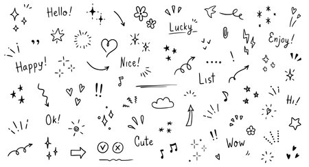 Doodle cute glitter pen line elements. Doodle heart, arrow, star, sparkle decoration symbol set icon. Simple sketch line style emphasis, attention, pattern elements. Vector illustration.のイラスト素材