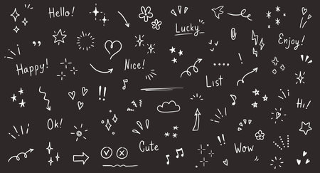 Doodle cute glitter pen line elements. Doodle heart, arrow, star, sparkle decoration symbol set icon. Simple sketch line style emphasis, attention, pattern elements. Vector illustration.のイラスト素材