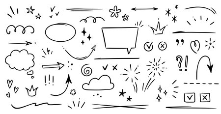 Sketch underline, emphasis, arrow shape set. Hand drawn brush stroke, highlight, speech bubble, underline, sparkle element. Vector illustrationのイラスト素材
