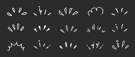 Doodle shine sunburst sparkle ray elements on chalkboard background. Hand drawn pop surprise line frame for title headline illustration. Doodle vector illustrationのイラスト素材