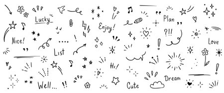 Doodle cute glitter pen line elements. Doodle heart, arrow, star, sparkle decoration symbol set icon. Simple sketch line style emphasis, attention, pattern elements. Vector illustration.のイラスト素材