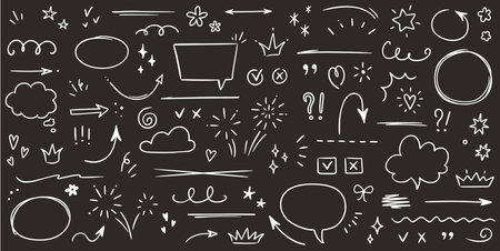 Sketch underline, emphasis, arrow shape set on chalkboard background. Hand drawn brush stroke, highlight, speech bubble, underline, sparkle element. Vector illustrationのイラスト素材