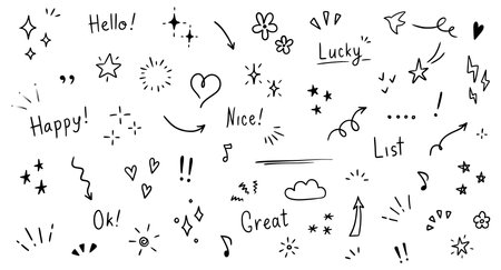 Doodle cute glitter pen line elements. Doodle heart, arrow, star, sparkle decoration symbol set icon. Simple sketch line style emphasis, attention, pattern elements. Vector illustration.のイラスト素材