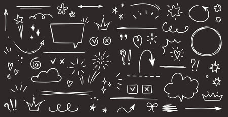 Sketch underline, emphasis, arrow shape set on chalkboard background. Hand drawn brush stroke, highlight, speech bubble, underline, sparkle element. Vector illustrationのイラスト素材