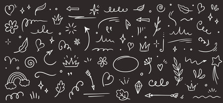 Sketch element line set on chalkboard. Abstract nature element decoration graphic icon set. Sketch hand drawn line element for brush, abstract decoration design. Vector illustrationのイラスト素材