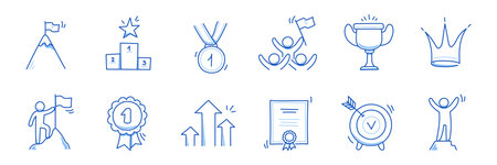 Winner award business doodle icon. Success leader doodle line sketch award, certificate, trophy. Victory, success, winner concept icon. Outline editable pen stroke. Vector illustrationのイラスト素材
