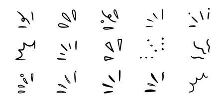Doodle shine sunburst sparkle ray elements. Hand drawn pop surprise line frame for title headline illustration. Doodle vector illustrationのイラスト素材