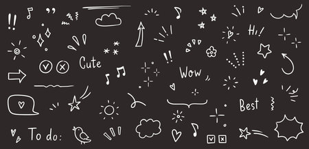 Doodle cute glitter pen line elements. Doodle heart, arrow, star, sparkle decoration symbol set icon. Simple sketch line style emphasis, attention, pattern elements. Vector illustration.のイラスト素材