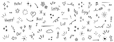 Doodle cute glitter pen line elements. Doodle heart, arrow, star, sparkle decoration symbol set icon. Simple sketch line style emphasis, attention, pattern elements. Vector illustration.のイラスト素材