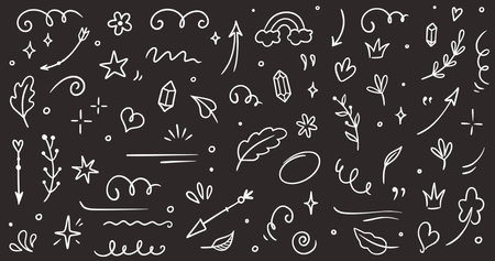Sketch element line set on chalkboard. Abstract nature element decoration graphic icon set. Sketch hand drawn line element for brush, abstract decoration design. Vector illustrationのイラスト素材