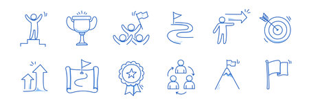 Success leader business doodle icons. Man with leadership flag doodle line sketch award, certificate, trophy. Victory, success, winner concept icon. Outline editable pen stroke. Vector illustrationのイラスト素材