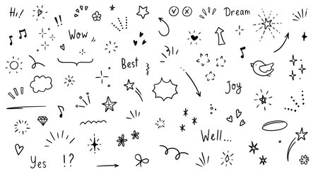 Doodle cute glitter pen line elements. Doodle heart, arrow, star, sparkle decoration symbol set icon. Simple sketch line style emphasis, attention, pattern elements. Vector illustration.のイラスト素材