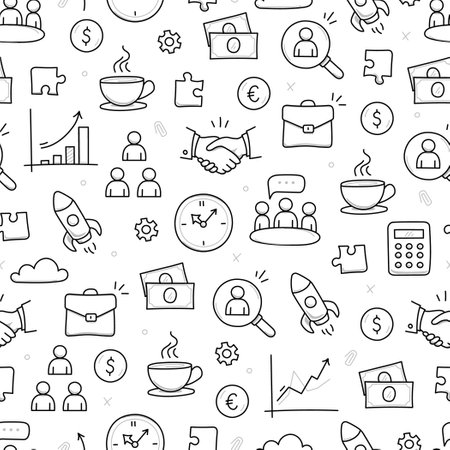Business job icon doodle seamless pattern background. Business teamwork, office, career concept doodle line sketch style pattern with money, rocket, calculator element. Vector illustrationのイラスト素材