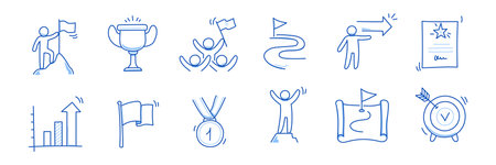 Success leader business doodle icons. Man with leadership flag doodle line sketch award, certificate, trophy. Victory, success, winner concept icon. Outline editable pen stroke. Vector illustrationのイラスト素材