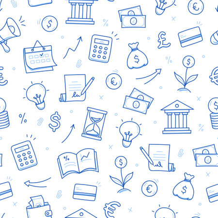 Money, business doodle seamless pattern background. Bank profit, money economy, finance doodle sketch style pattern with coin, megaphone, calculator element. Vector illustrationのイラスト素材