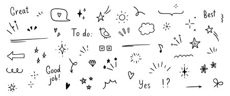 Doodle cute glitter pen line elements. Doodle heart, arrow, star, sparkle decoration symbol set icon. Simple sketch line style emphasis, attention, pattern elements. Vector illustration.のイラスト素材