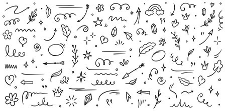 Sketch element line set. Abstract nature element decoration graphic icon set. Sketch hand drawn line element for brush, abstract decoration design. Vector illustrationのイラスト素材
