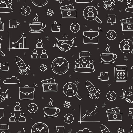 Business job icon doodle seamless pattern background. Business teamwork, office, career concept doodle line sketch style pattern with money, rocket, calculator element. Vector illustrationのイラスト素材