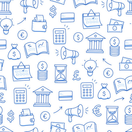 Money, business doodle seamless pattern background. Bank profit, money economy, finance doodle sketch style pattern with coin, megaphone, calculator element. Vector illustrationのイラスト素材