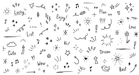 Doodle cute glitter pen line elements. Doodle heart, arrow, star, sparkle decoration symbol set icon. Simple sketch line style emphasis, attention, pattern elements. Vector illustration.のイラスト素材