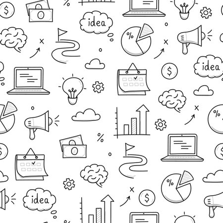 Business idea doodle seamless pattern background. Business success, creative idea concept doodle drawn sketch style pattern with lightbulb, megaphone, calendar element. Vector illustrationのイラスト素材
