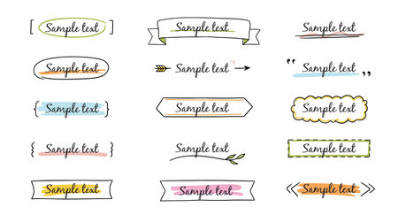 Text title frame handwriting ribbon, square, circle decoration element. Doodle cute title frame simple text box, label, tag. Hand drawn sketch style decoration. Vector illustration.のイラスト素材