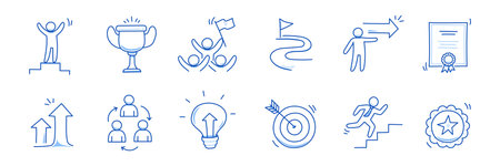 Success business career doodle icon. Success leader doodle line sketch award, certificate, trophy. Career, progress, winner concept icon. Outline editable pen stroke. Vector illustration.のイラスト素材