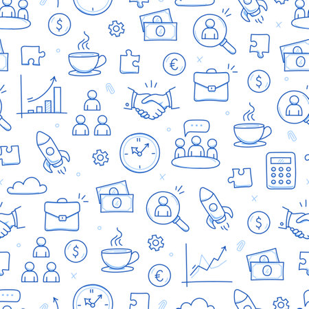 Business job icon doodle seamless pattern background. Business teamwork, office, career concept doodle line sketch style pattern with money, rocket, calculator element. Vector illustrationのイラスト素材