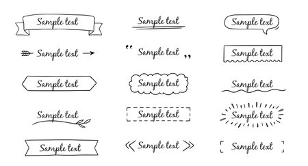 Text title frame handwriting ribbon, square, circle decoration element. Doodle cute title frame simple text box, label, tag. Hand drawn sketch style decoration. Vector illustration.のイラスト素材