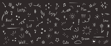 Doodle cute glitter pen line elements. Doodle heart, arrow, star, sparkle decoration symbol set icon. Simple sketch line style emphasis, attention, pattern elements. Vector illustration.のイラスト素材