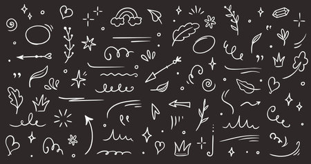 Sketch element line set on chalkboard. Abstract nature element decoration graphic icon set. Sketch hand drawn line element for brush, abstract decoration design. Vector illustrationのイラスト素材