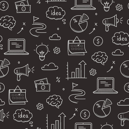 Business idea doodle seamless pattern background. Business success, creative idea concept doodle drawn sketch style pattern with lightbulb, megaphone, calendar element. Vector illustrationのイラスト素材